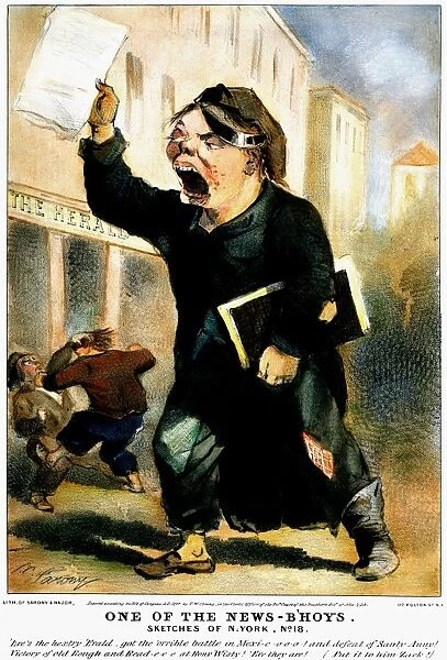 A New York City newsboy shouting the victory of General Zachary Taylor at the battle of Buena Vista in an extra edition of the New York Herald. Lithograph by Sarony & Major, 1847
