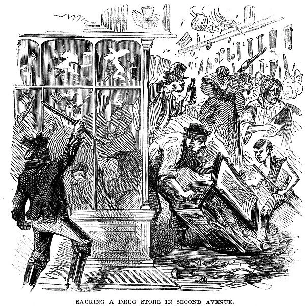 NEW YORK: DRAFT RIOTS 1863. An angry mob sacking a 2nd Avenue drug store during the New York City Draft Riots of 13-16 July 1863. Contemporary engraving
