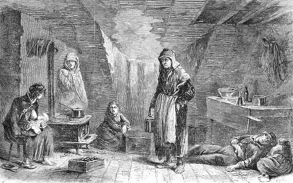 NEW YORK TENEMENT, 1867. Interior of Mrs. M Mahans apartment at 22 Roosevelt Street on New Yorks Lower East Side. Wood engraving from an American newspaper of 1867