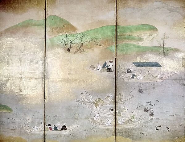 Nobles use tethered cormorants to catch fish. Screen painting, 17th century