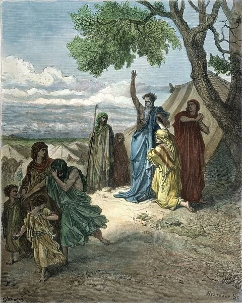 OLD TESTAMENT: NOAH. Covered by his sons Shem and Japheth, Noah curses the family of his younger son Ham who had seen Noahs nakedness (Genesis 9: 22-25). Wood engraving after Gustave Dor
