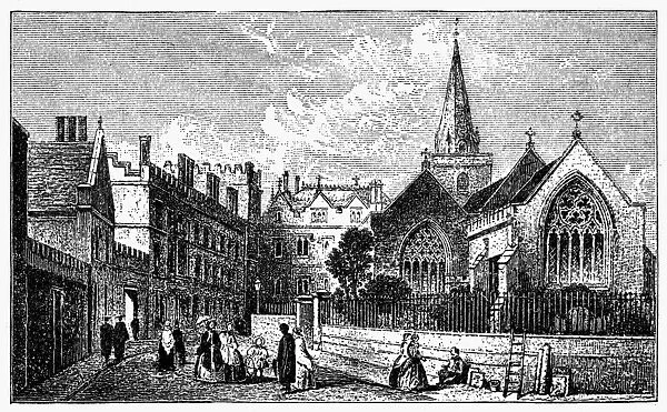 OXFORD: PEMBROKE COLLEGE. View of Pembroke College on the campus of Oxford University, Oxford, England. Wood engraving, English, c1885