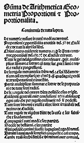 PACIOLI: TEXTBOOK, 1494. Part of the title page of Fra Luca Paciolis Summa de arithemetica