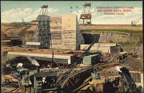 PANAMA CANAL: LOCKS, 1910. Postcard from the Panama Canal Zone, c1910, showing
