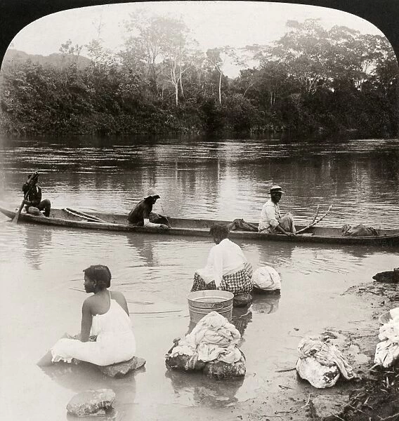 PANAMA: LAUNDRY, 1907. An up-to-date laundry. Native women washing clothes in Chagres River