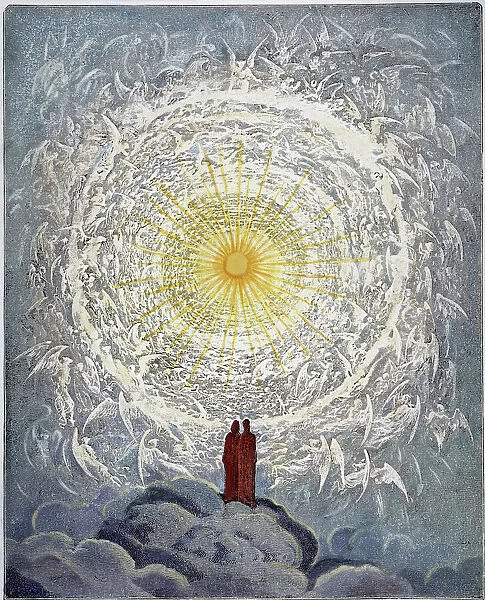 PARADISO: DORE. Beatrice leads Dante into the Empyrean, or highest level of Heaven, where he beholds the angels and souls of the blessed forming a snow white rose in attendance upon the Deity (Paradiso: XXXI, 1-3). Wood engraving after Gustave Dor