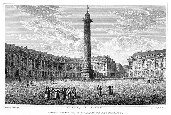 PARIS: PLACE VENDOME. Place Vendome and Column of Austerlitz at Paris, France. Steel engraving, 19th century