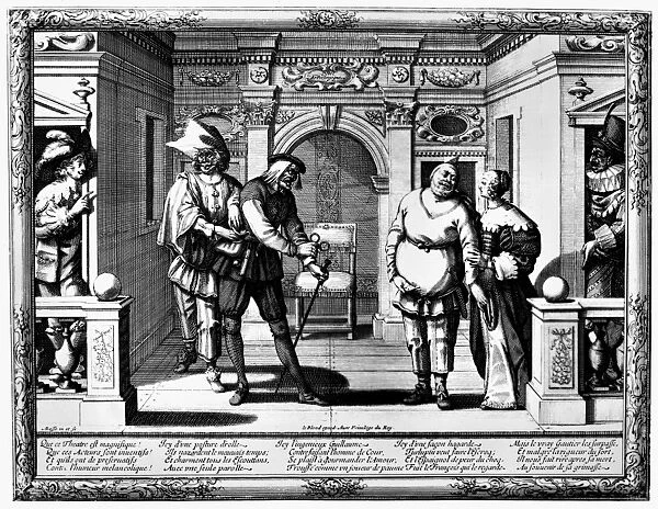 PARIS: THEATER, c1598. Turlupin and Robert Guerin on stage with the Kings Players at the Hotel de Bourgogne in Paris, France. Etching, 1598-1610, by Abraham Bosse
