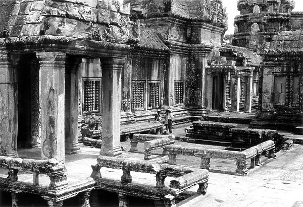 A partial view of the Angkor Wat ruins in Cambodia, 1960