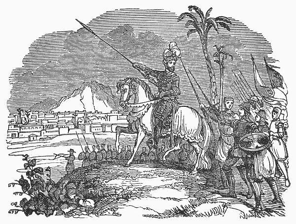 PEDRO de ALVARADO (c1485-1541). Spanish soldier. Alvarado and his men marching upon Guatemala in 1523. Wood engraving, American, 1848