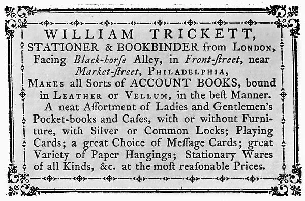 PHILADELPHIA: TRADE CARD. Trade card of William Trickett, an English stationer