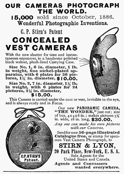 PHOTOGRAPHY: CAMERA, 1889. Concealed camera. American magazine advertisement, 1889