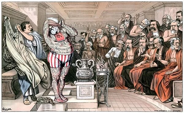 Phryne Before the Chicago Tribunal : American lithograph cartoon by Bernard Gillam, 1884, showing presidential candidate James G. Blaine appearing before the Republican Partys nominating convention in Chicago tattooed with various charges of corruption (inspired by Jean L