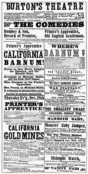 PLAYBILL, c1850. Playbill, c1850, for Burtons Theatre, New York City
