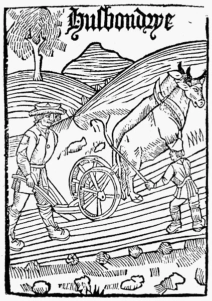 PLOUGHING, 1523. Woodcut title-page of the first book on agriculture printed in England