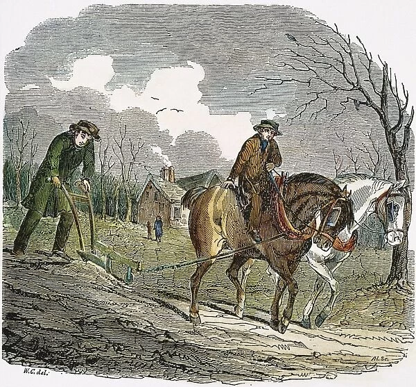 PLOUGHING, 19th CENTURY. Contemporary wood engraving