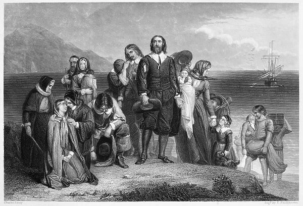 PLYMOUTH ROCK: LANDING. The Landing of the Pilgrims at Plymouth Rock in December 1620. Line engraving, American, c1858