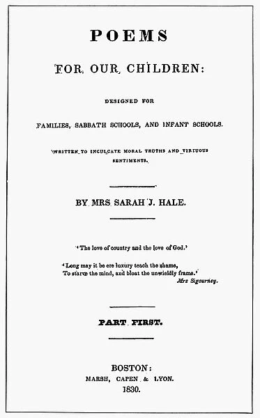 POEMS FOR OUR CHILDREN. Title page of the first edition of Sarah Josepha Hale s