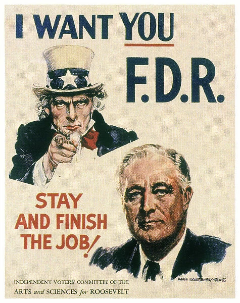 Poster by James Montgomery Flagg from the 1940 presidential campaign, supporting the re-election of President Franklin D. Roosevelt