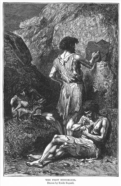 PREHISTORIC MAN, EUROPEAN. Wood engraving, late 19th century, after a drawing by Emile Bayard