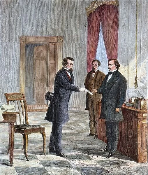 President Andrew Johnson accepting the summons to his impeachment trial from Senate sergeant-at-arms George T. Brown on 7 March 1868: contemporary wood engraving
