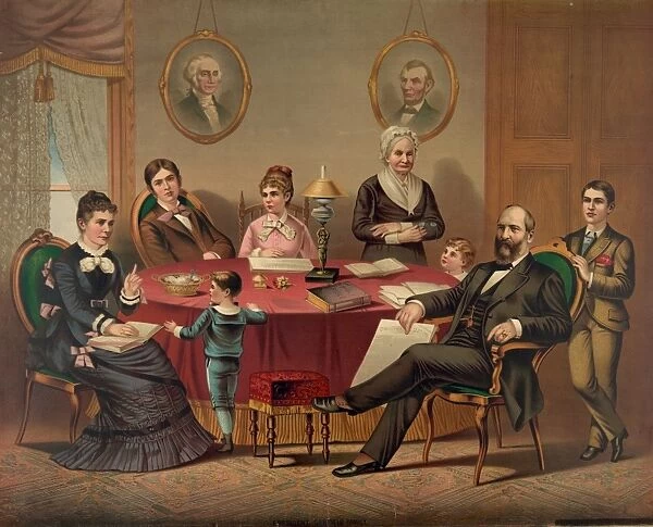 President James A. Garfield and his family seated around a table. Lithograph, c1881