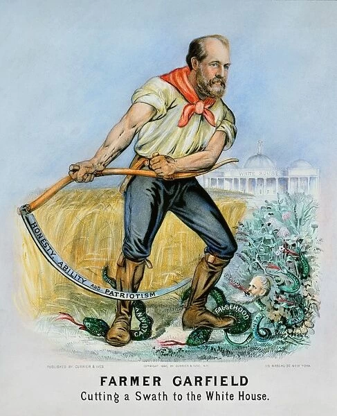 PRESIDENTIAL CAMPAIGN, 1880. Farmer Garfield Cutting a Swath to the White House. James Garfield as the 1880 Republican Party candidate for President on a lithograph poster by Currier & Ives, 1880