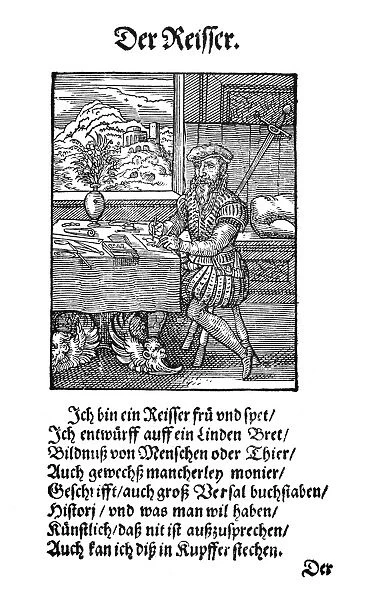 PRINTING OFFICE, 1568. The draftsman, or designer, draws letters and pictures of