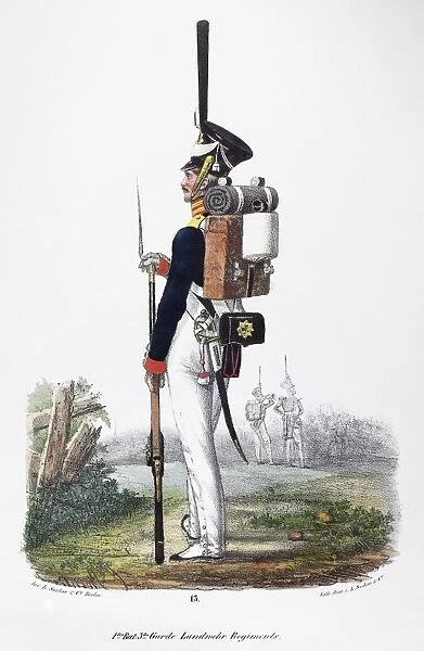 PRUSSIAN SOLDIER, 1830. Infantryman of the First Battalion of the Third Militia