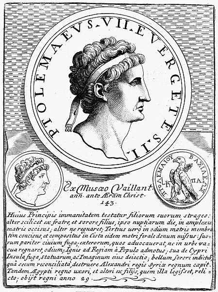 PTOLEMY VIII (d. 116 B. C. ). Called Ptolemy Euergetes II. King of Egypt, 145-116 B. C. Medallion of Ptolemy VIII (incorrectly identified here as Ptolemy VII) in 143 B. C. Copper engraving, 17th century