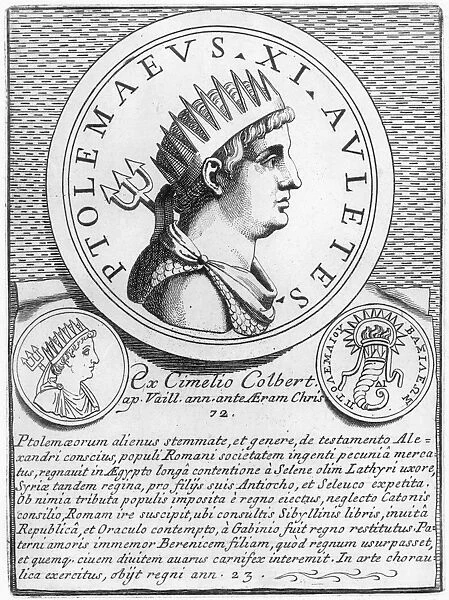 PTOLEMY XII (c112-51 B. C. ). King of Egypt, 80-51 B. C. nicknamed Auletes. Medallion of Ptolemy XII (incorrectly identified here as Ptolemy XI) in 72 B. C. Copper engraving, 17th century