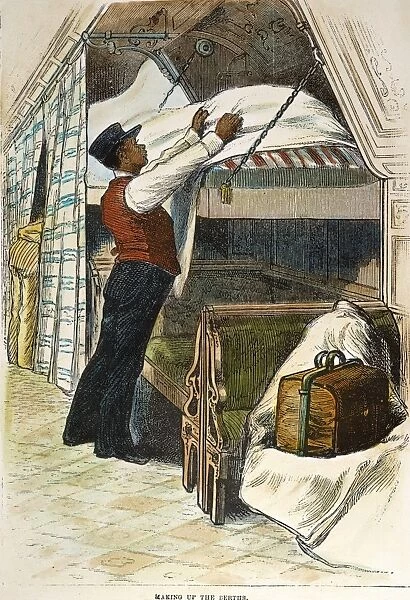 PULLMAN SLEEPING CAR, 1877. Making up the berths in a Pullman sleeper. Wood engraving, American, 1877