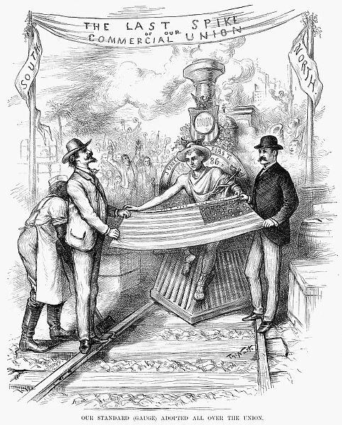 RAILROADING STANDARD, 1886. Thomas Nasts celebration of the adoption of a standard gauge by all railroads in the United States, 1886