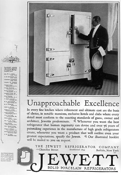 REFRIGERATOR AD, 1925. American magazine advertisement for Jewett refrigerators, 1925