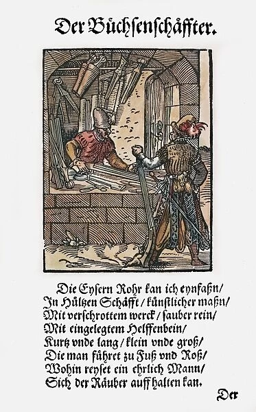 RIFLE BUTT MAKER, 1568. Woodcut, 1568, by Jost Amman