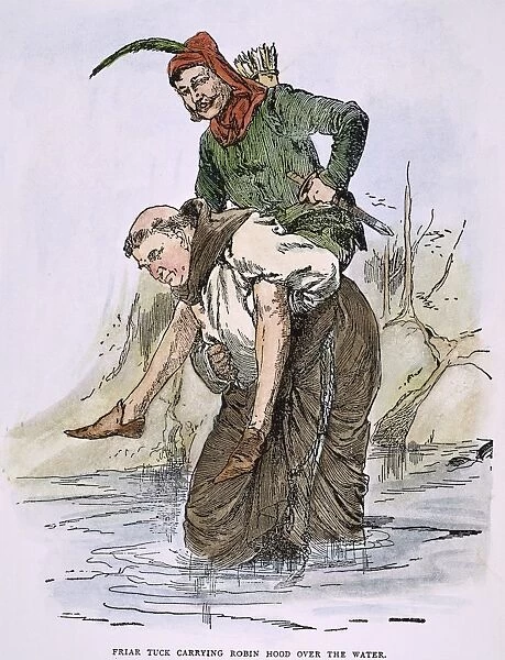 ROBIN HOOD: ILLUSTRATION. Friar Tuck carrying Robin Hood over the water: illustration