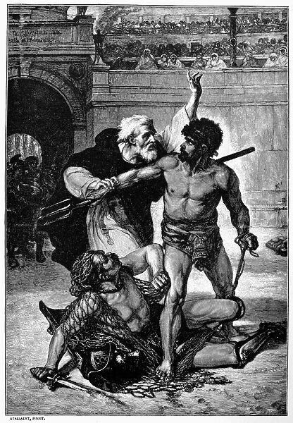 ROMAN GLADIATORS. The Last Combat of the Gladiators. Line engraving after the painting, 1878, by Joseph Stallaert, depicting the attempt by the monk Telemachus to separate the combatants in a gladiatorial contest at the Colosseum in 404 A. D. leading to the banning of the practice by edict of the emperor Honorius