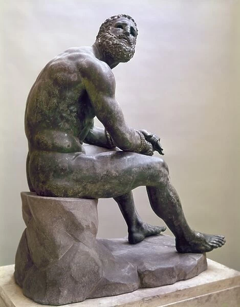 ROME: BOXER SCULPTURE. The Boxer of Quirinal, a Hellenistic Greek sculpture of a seated boxer, found on the Quirinal Hill in Rome in 1885. Bronze, 1st century B. C