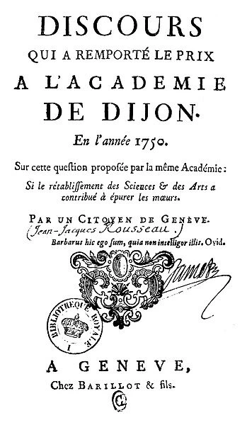 ROUSSEAU: DISCOURSE, 1750. Title page of the first edition of the first Discourse