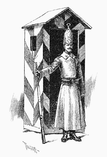 RUSSIAN SENTRY. A Russian sentry guard. Drawing, 1890, by Thure de Thulstrup