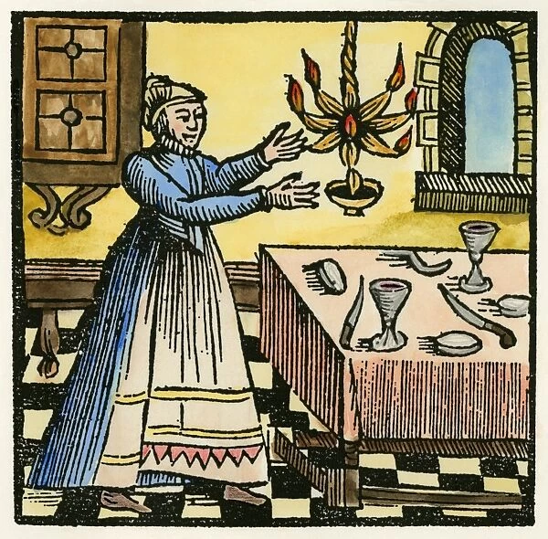 SABBATH PREPARATIONS, 1663. Lighting the Sabbath candles in a 17th century Dutch household