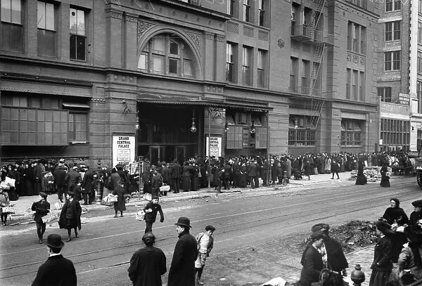 SALVATION ARMY, 1908. Crowd outside Grand Central Palace waiting for baskets of