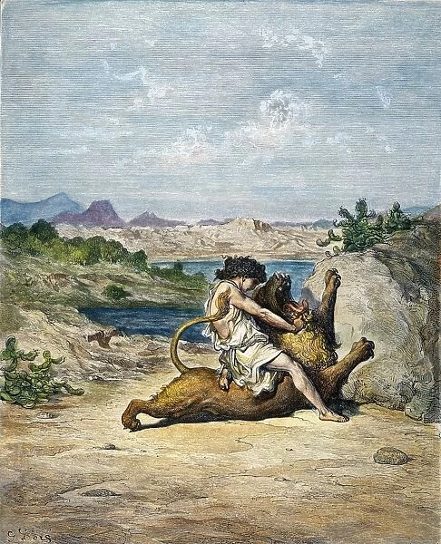 SAMSON SLAYING A LION. (Judges 14: 5, 6). Color engraving after Gustave Dor