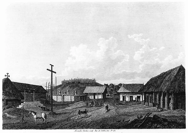 SAN CARLOS MISSION. San Carlos Mission, near Monterey, California. Line engraving from a French edition, 1799, of the explorer George Vancouvers A Voyage of Discovery to the North Pacific Ocean and Round the World 1790-95