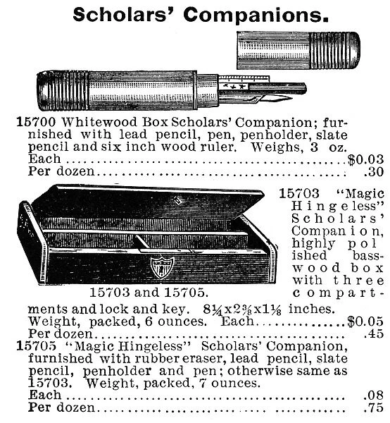 SCHOOL ACCESSORIES, 1895. American catalogue advertisement for Scholars Campanions