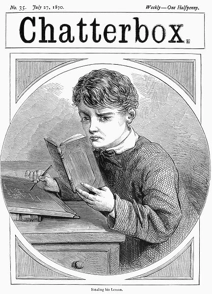 SCHOOLBOY, c1870. Schoolboy stealing his lesson. Wood engraving, American, 1870