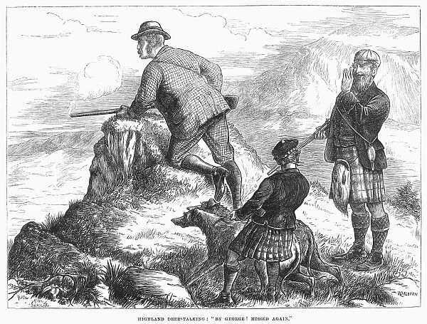 SCOTLAND: DEER HUNT, 1871. Stalking deer in the Highlands of Scotland. Wood engraving, English, 1871