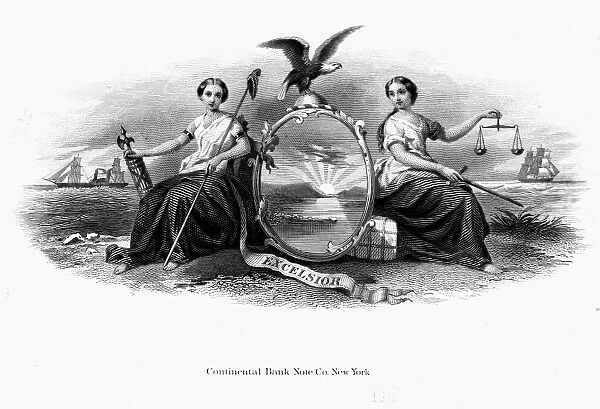 SEAL OF NEW YORK, 1870. Allegory of Excelsior. American banknote engraving, c1870