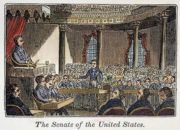 SENATE OF UNITED STATES. The United States Senate in session at the Capitol in Washington, D. C. Wood engraving, American, 1836