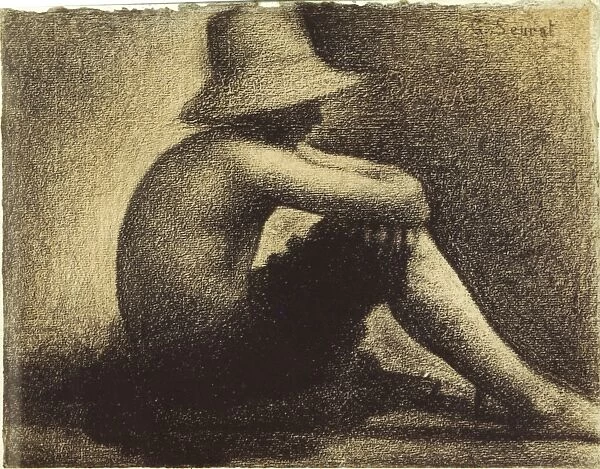 SEURAT: SEATED BOY, 1883-4. Georges-Pierre Seurat: Seated Boy with Straw Hat. Crayon  /  paper, 1883  /  4